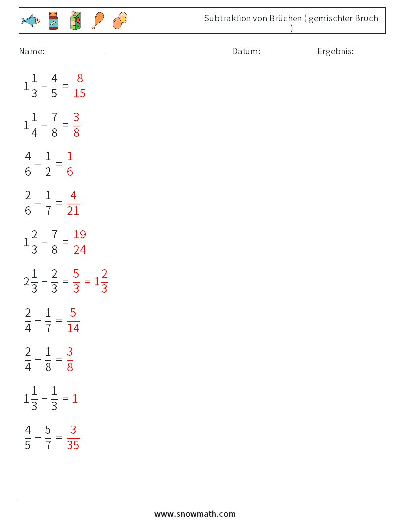 (10) Subtraktion von Brüchen ( gemischter Bruch ) Mathe-Arbeitsblätter 5 Frage, Antwort