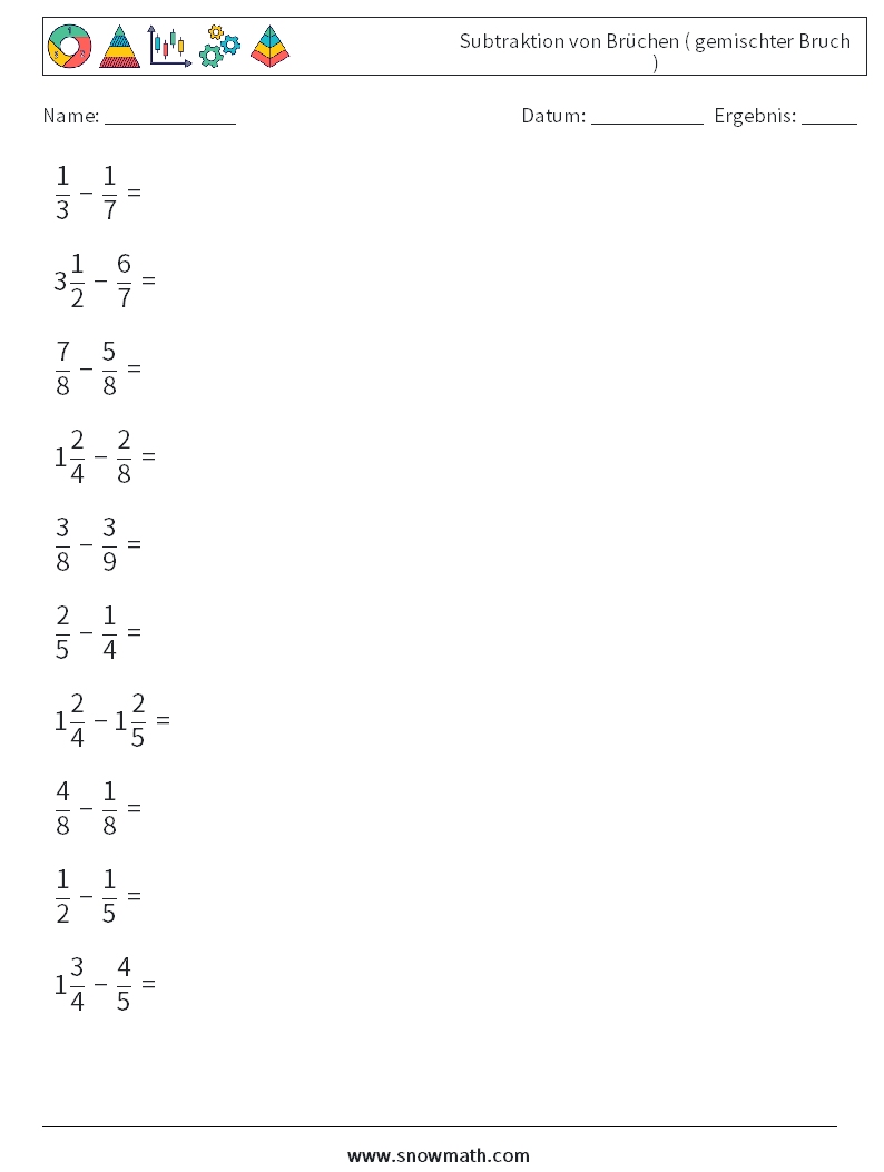 (10) Subtraktion von Brüchen ( gemischter Bruch ) Mathe-Arbeitsblätter 6