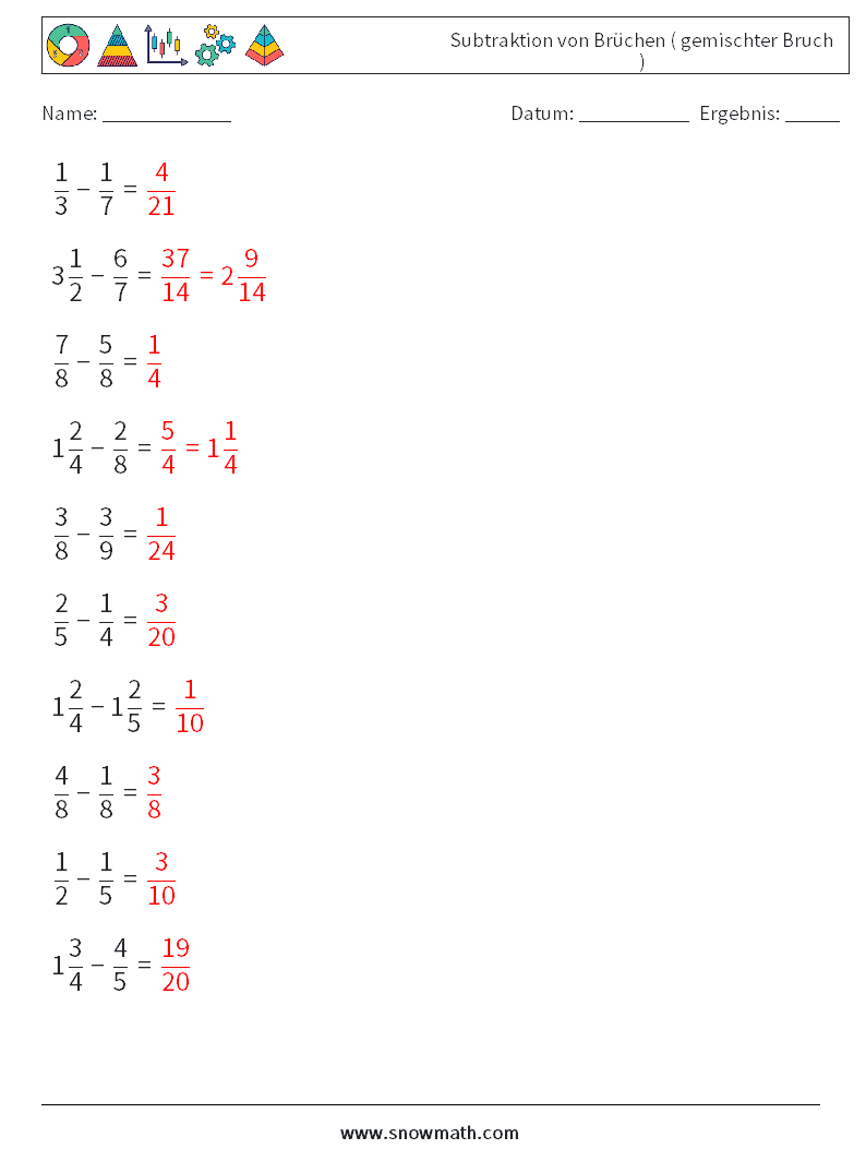 (10) Subtraktion von Brüchen ( gemischter Bruch ) Mathe-Arbeitsblätter 6 Frage, Antwort