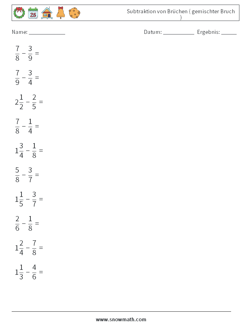 (10) Subtraktion von Brüchen ( gemischter Bruch ) Mathe-Arbeitsblätter 7