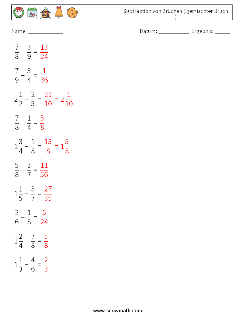 (10) Subtraktion von Brüchen ( gemischter Bruch ) Mathe-Arbeitsblätter 7 Frage, Antwort