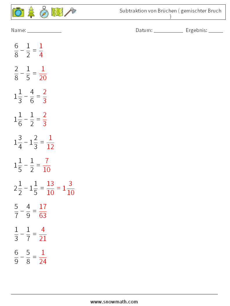 (10) Subtraktion von Brüchen ( gemischter Bruch ) Mathe-Arbeitsblätter 8 Frage, Antwort