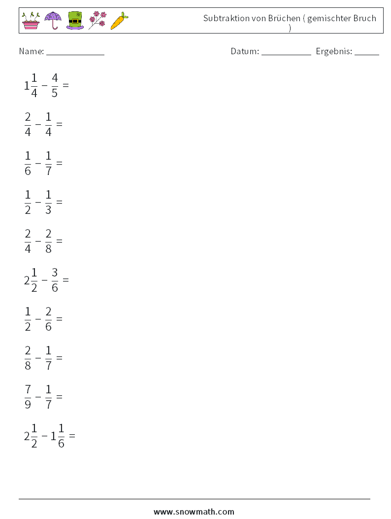 (10) Subtraktion von Brüchen ( gemischter Bruch ) Mathe-Arbeitsblätter 9