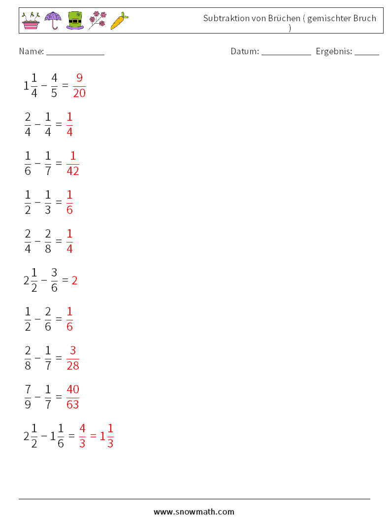 (10) Subtraktion von Brüchen ( gemischter Bruch ) Mathe-Arbeitsblätter 9 Frage, Antwort