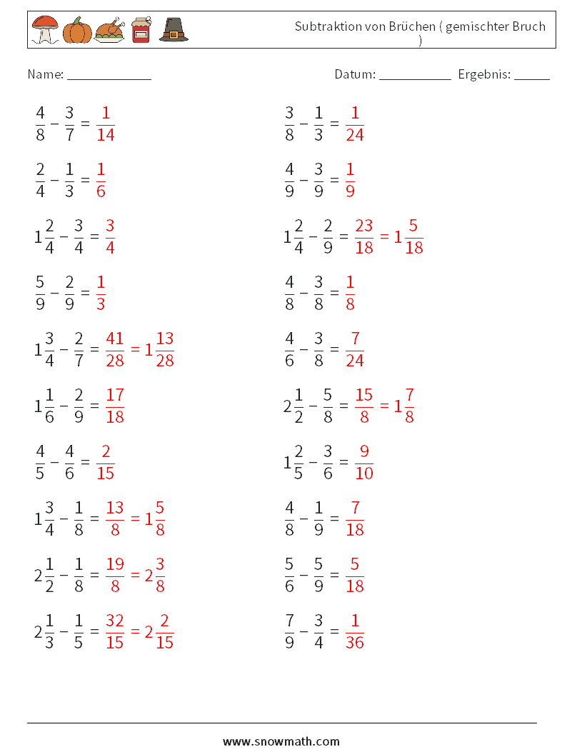 (20) Subtraktion von Brüchen ( gemischter Bruch ) Mathe-Arbeitsblätter 10 Frage, Antwort