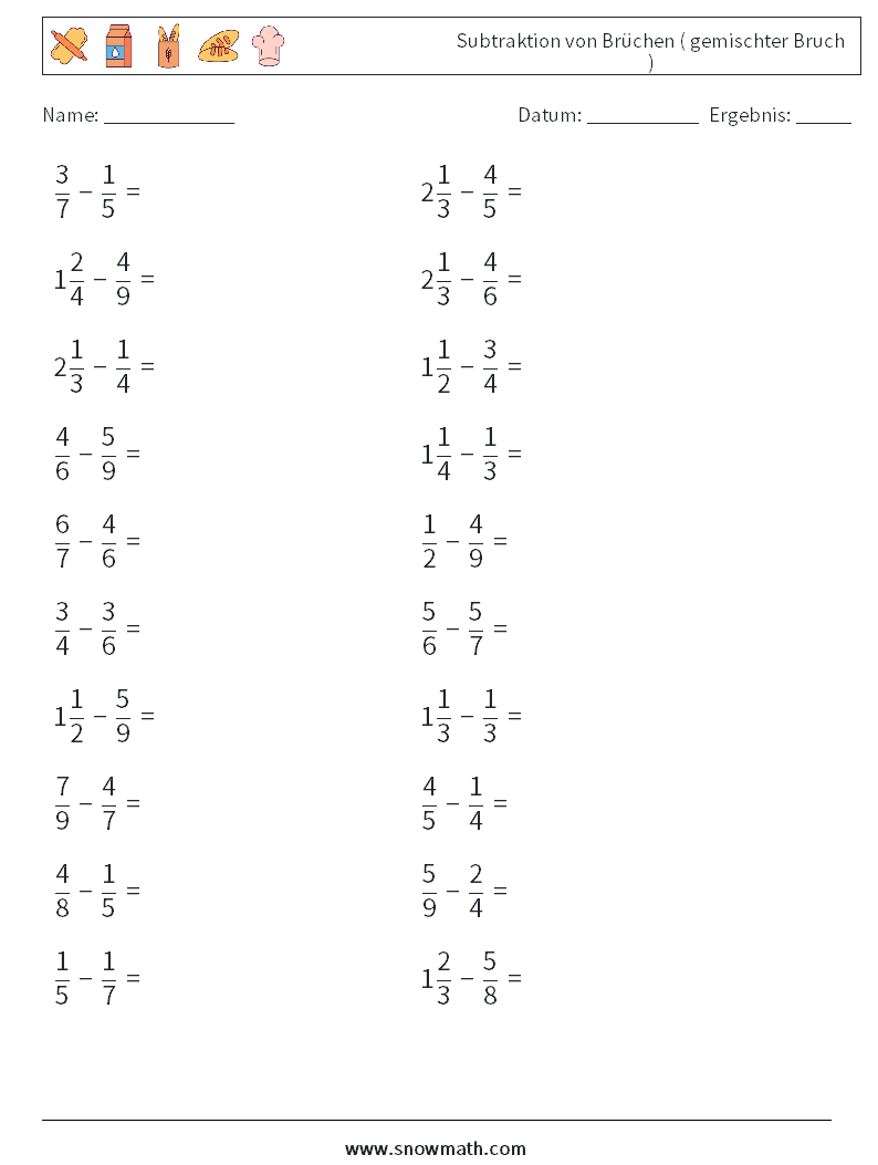 (20) Subtraktion von Brüchen ( gemischter Bruch ) Mathe-Arbeitsblätter 11