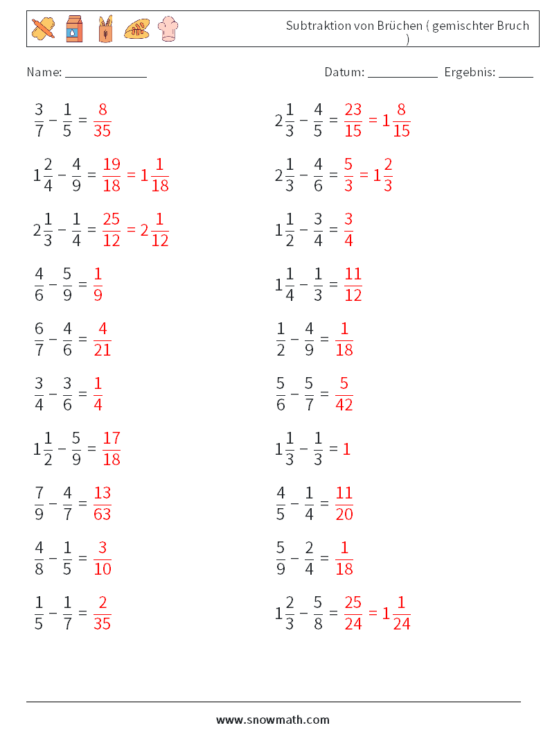 (20) Subtraktion von Brüchen ( gemischter Bruch ) Mathe-Arbeitsblätter 11 Frage, Antwort