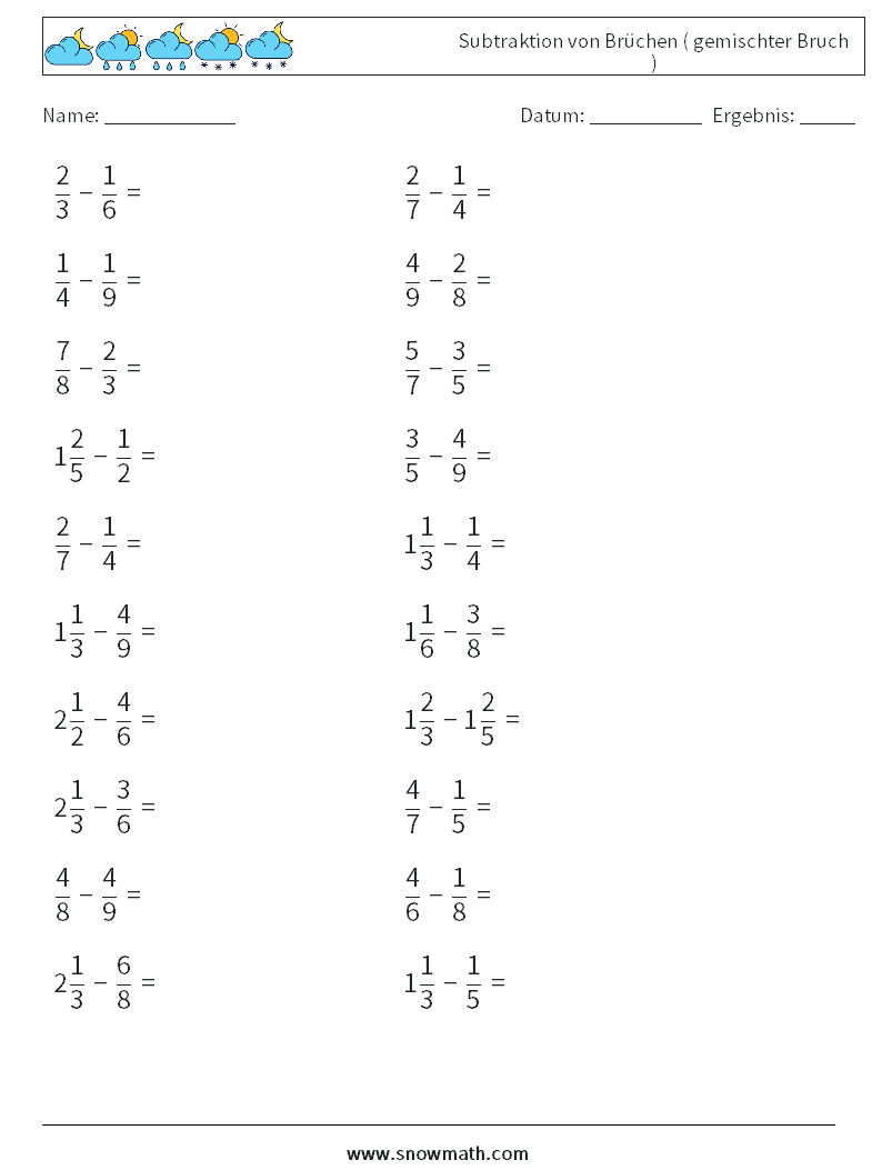 (20) Subtraktion von Brüchen ( gemischter Bruch ) Mathe-Arbeitsblätter 12