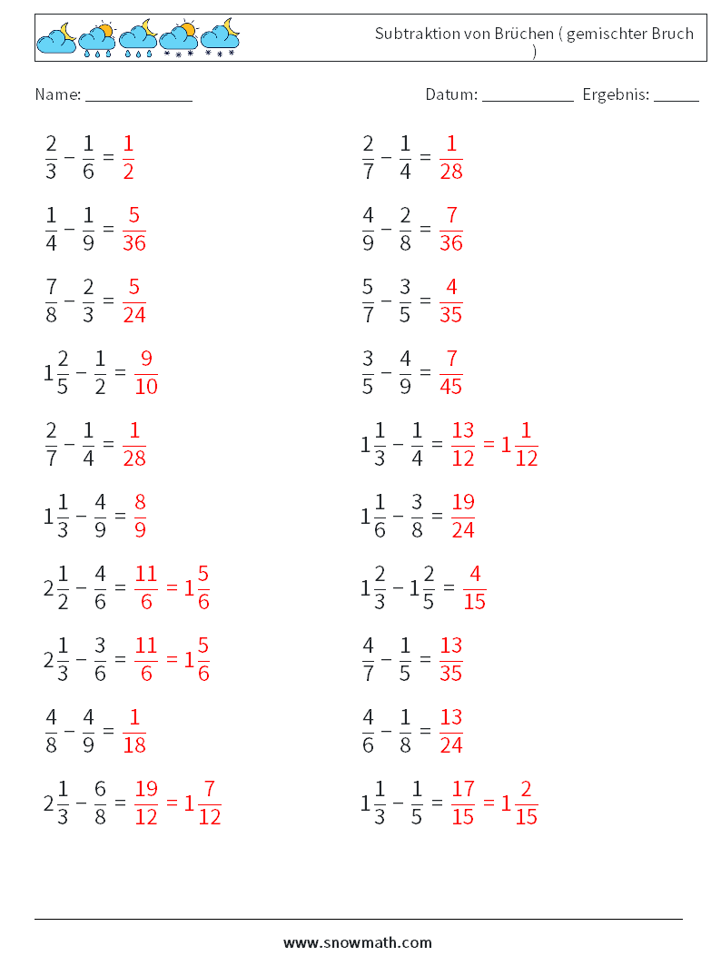 (20) Subtraktion von Brüchen ( gemischter Bruch ) Mathe-Arbeitsblätter 12 Frage, Antwort