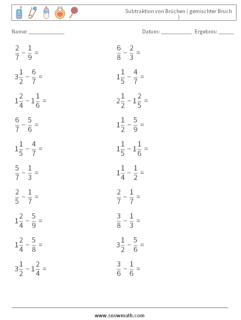 (20) Subtraktion von Brüchen ( gemischter Bruch ) Mathe-Arbeitsblätter 13