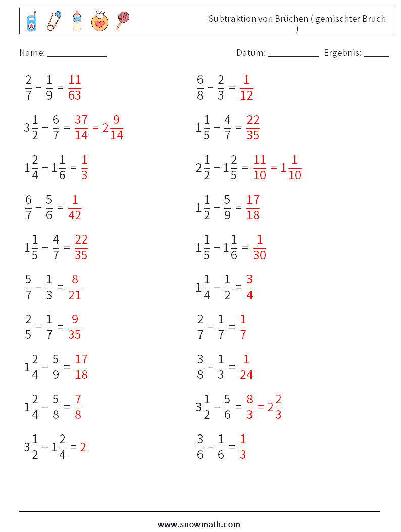 (20) Subtraktion von Brüchen ( gemischter Bruch ) Mathe-Arbeitsblätter 13 Frage, Antwort