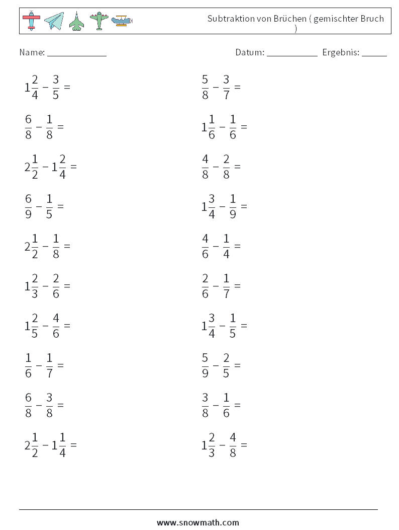 (20) Subtraktion von Brüchen ( gemischter Bruch ) Mathe-Arbeitsblätter 14