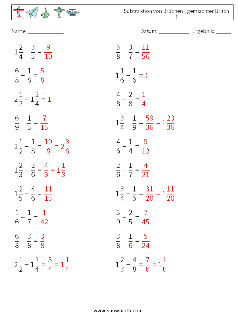 (20) Subtraktion von Brüchen ( gemischter Bruch ) Mathe-Arbeitsblätter 14 Frage, Antwort