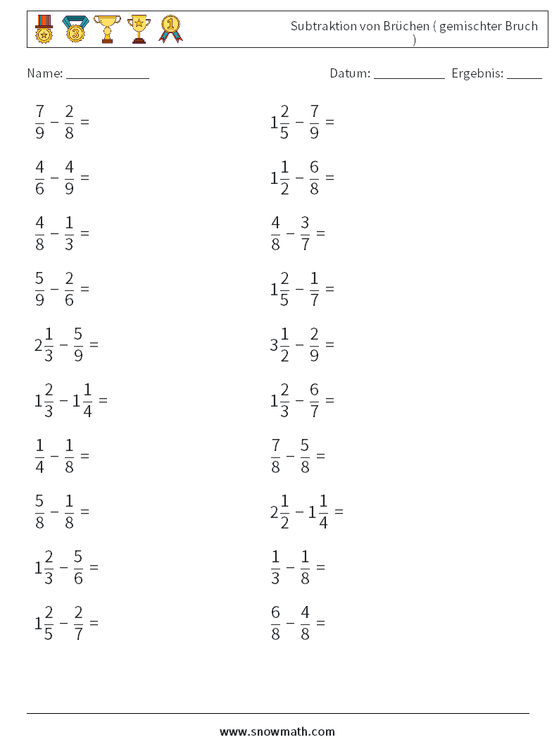 (20) Subtraktion von Brüchen ( gemischter Bruch ) Mathe-Arbeitsblätter 15