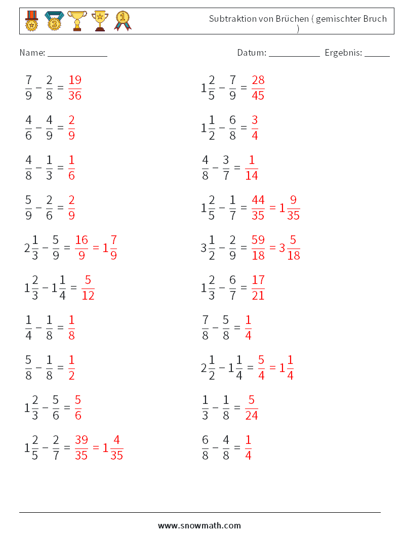 (20) Subtraktion von Brüchen ( gemischter Bruch ) Mathe-Arbeitsblätter 15 Frage, Antwort
