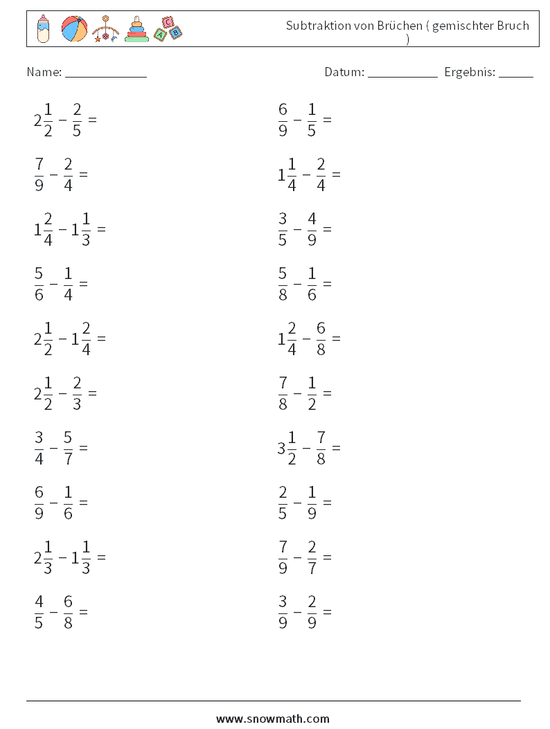 (20) Subtraktion von Brüchen ( gemischter Bruch ) Mathe-Arbeitsblätter 16