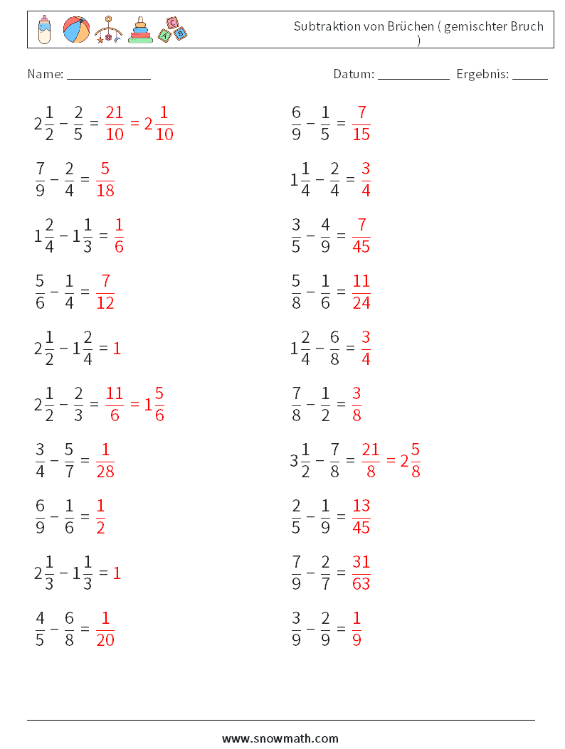 (20) Subtraktion von Brüchen ( gemischter Bruch ) Mathe-Arbeitsblätter 16 Frage, Antwort