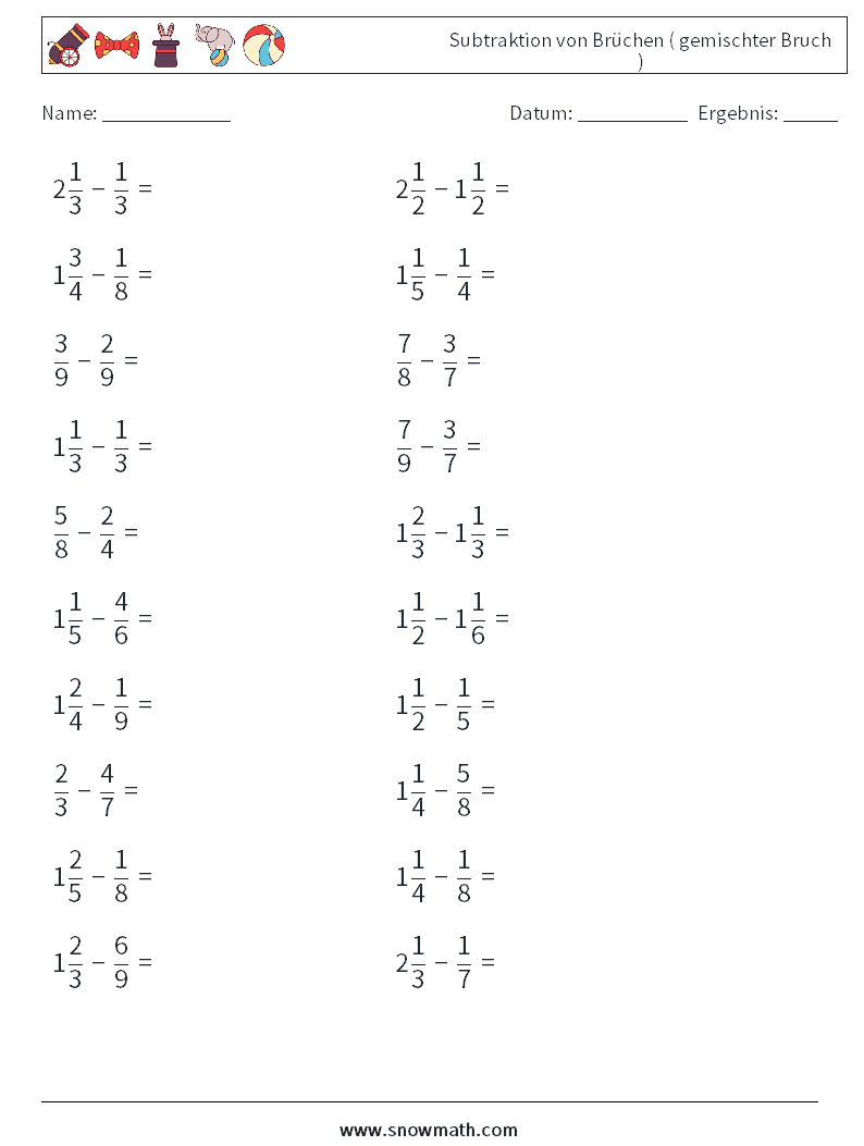 (20) Subtraktion von Brüchen ( gemischter Bruch ) Mathe-Arbeitsblätter 17