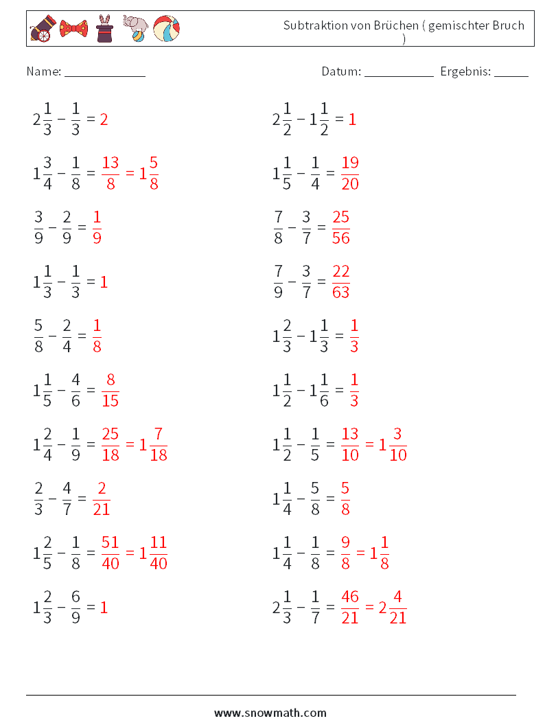 (20) Subtraktion von Brüchen ( gemischter Bruch ) Mathe-Arbeitsblätter 17 Frage, Antwort