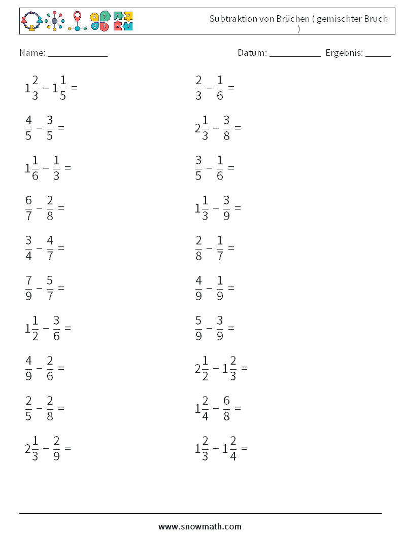 (20) Subtraktion von Brüchen ( gemischter Bruch ) Mathe-Arbeitsblätter 18