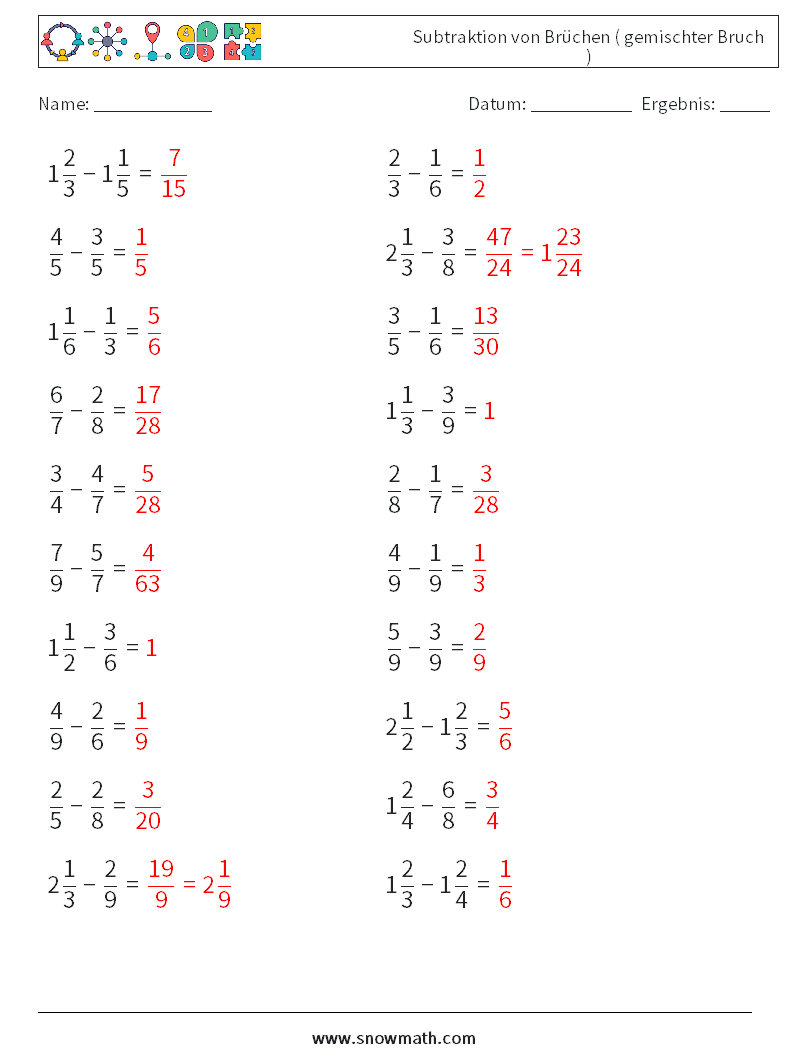 (20) Subtraktion von Brüchen ( gemischter Bruch ) Mathe-Arbeitsblätter 18 Frage, Antwort