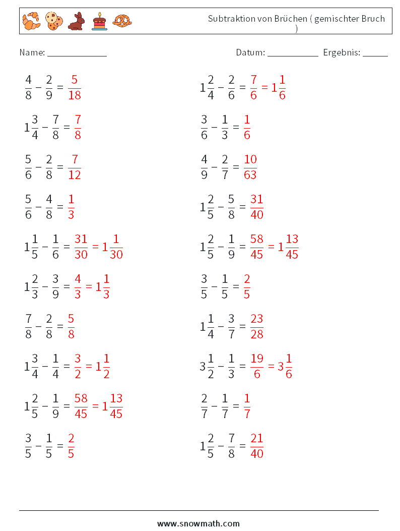 (20) Subtraktion von Brüchen ( gemischter Bruch ) Mathe-Arbeitsblätter 1 Frage, Antwort