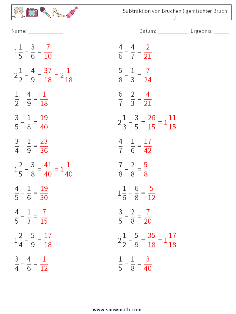 (20) Subtraktion von Brüchen ( gemischter Bruch ) Mathe-Arbeitsblätter 2 Frage, Antwort