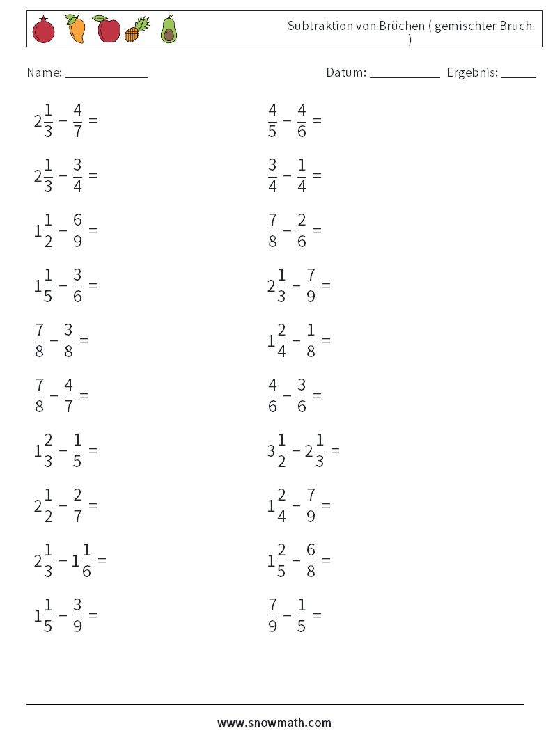 (20) Subtraktion von Brüchen ( gemischter Bruch ) Mathe-Arbeitsblätter 3