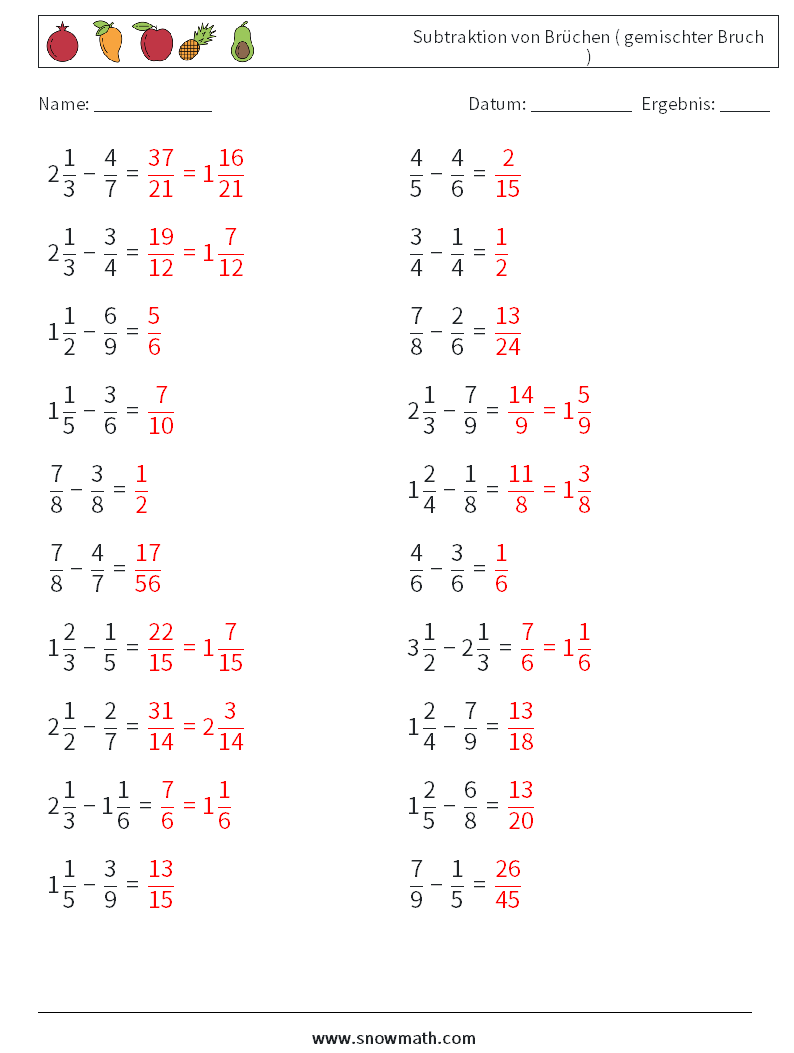 (20) Subtraktion von Brüchen ( gemischter Bruch ) Mathe-Arbeitsblätter 3 Frage, Antwort