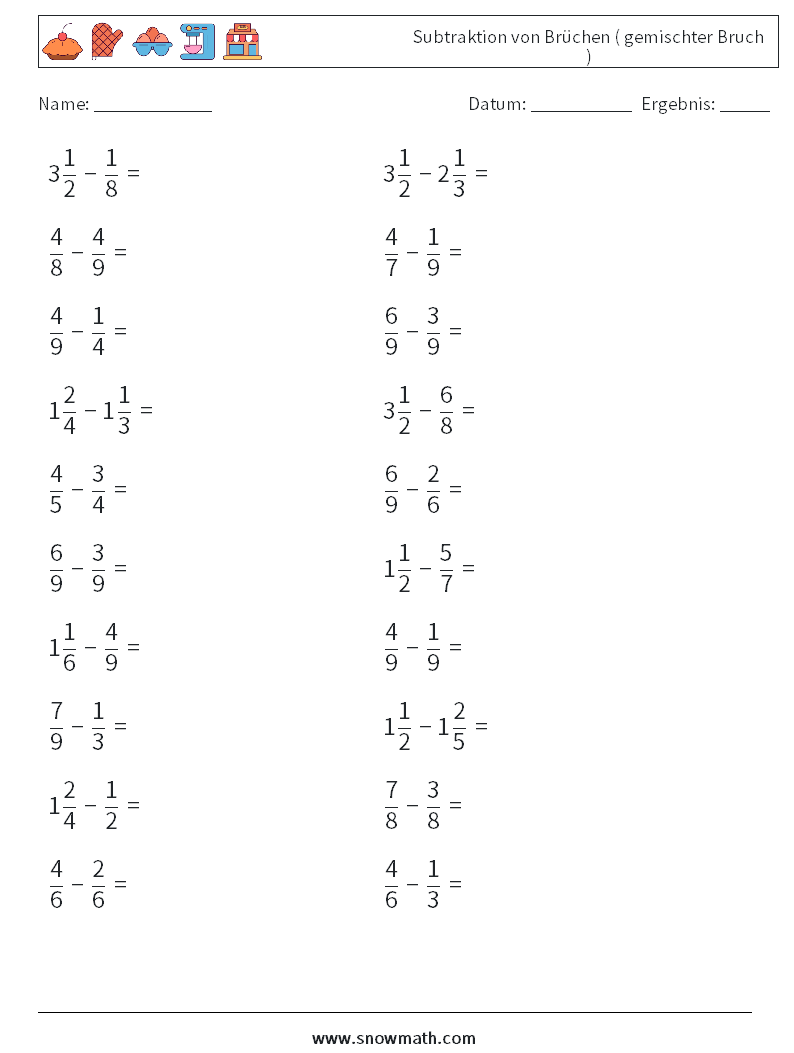 (20) Subtraktion von Brüchen ( gemischter Bruch ) Mathe-Arbeitsblätter 4