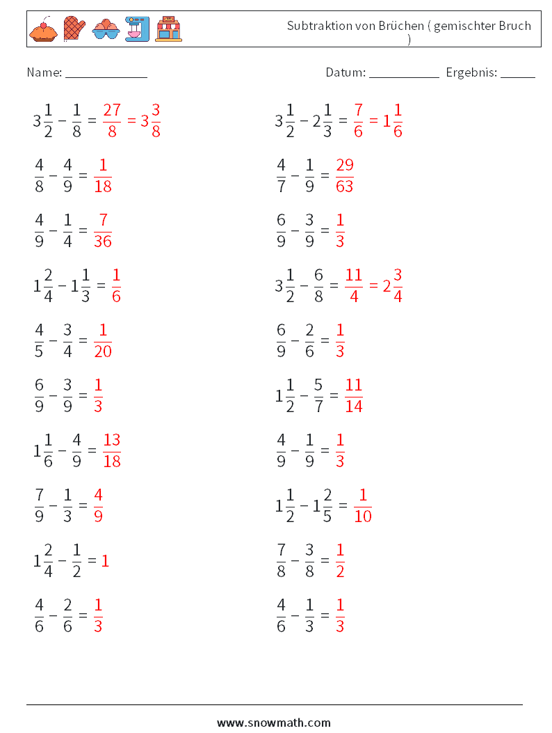 (20) Subtraktion von Brüchen ( gemischter Bruch ) Mathe-Arbeitsblätter 4 Frage, Antwort