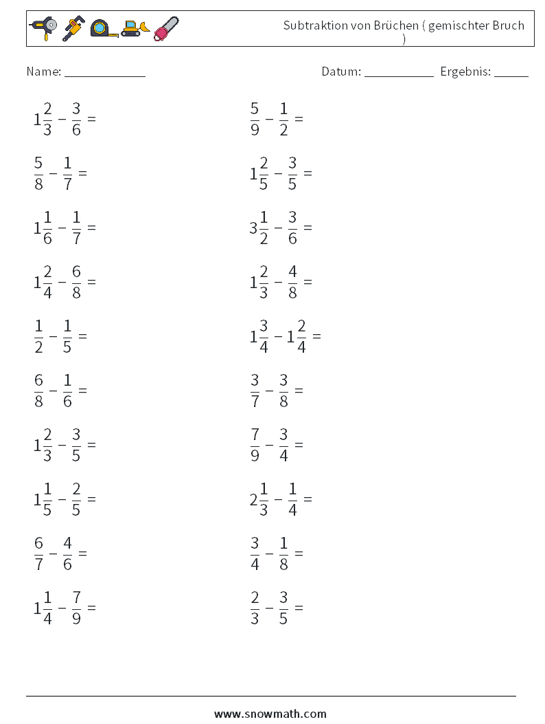 (20) Subtraktion von Brüchen ( gemischter Bruch ) Mathe-Arbeitsblätter 5