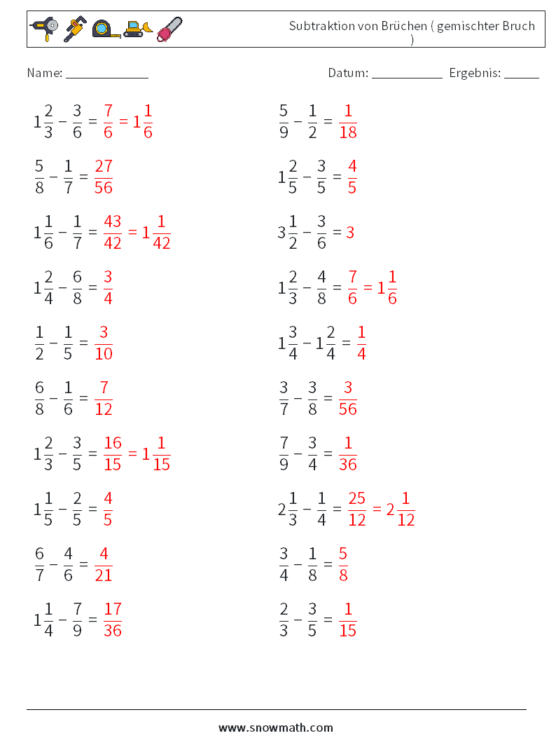 (20) Subtraktion von Brüchen ( gemischter Bruch ) Mathe-Arbeitsblätter 5 Frage, Antwort