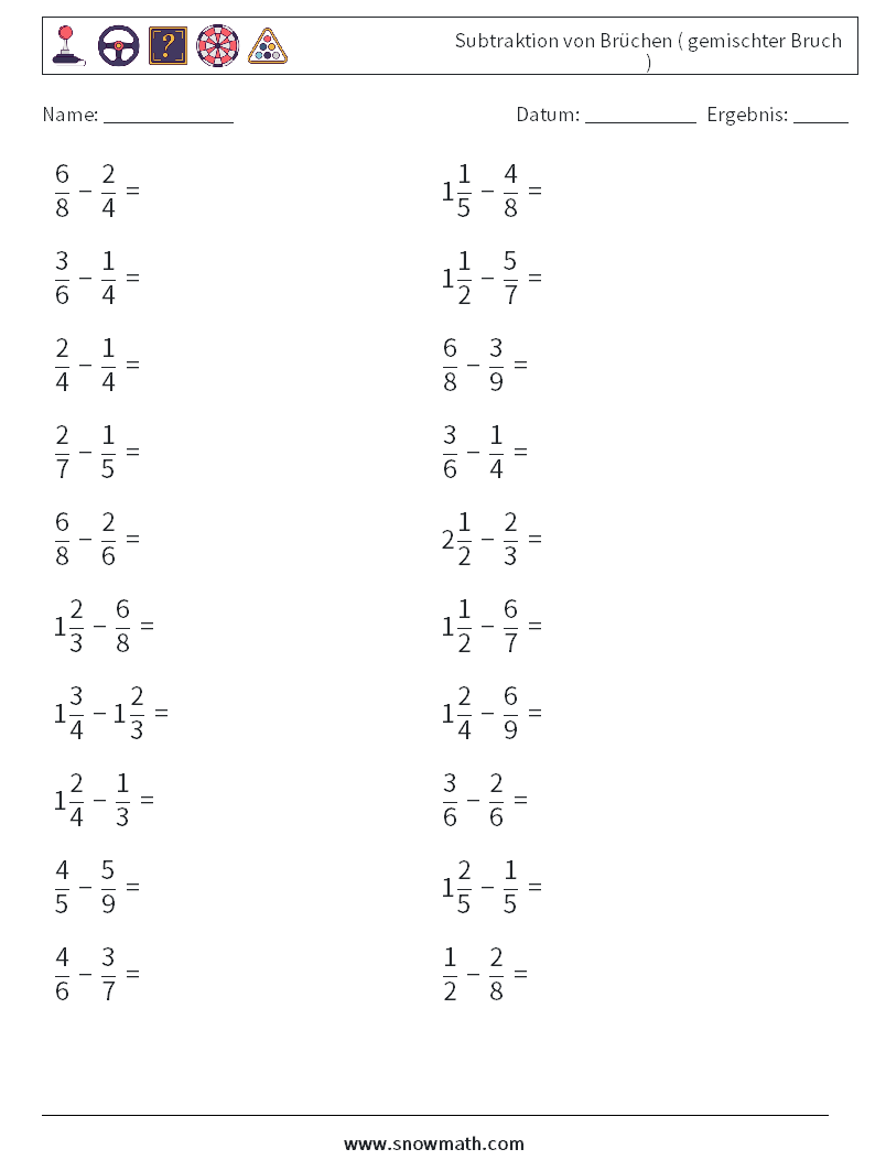 (20) Subtraktion von Brüchen ( gemischter Bruch ) Mathe-Arbeitsblätter 6