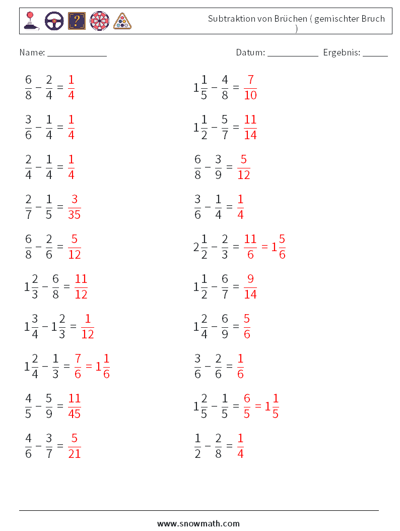 (20) Subtraktion von Brüchen ( gemischter Bruch ) Mathe-Arbeitsblätter 6 Frage, Antwort