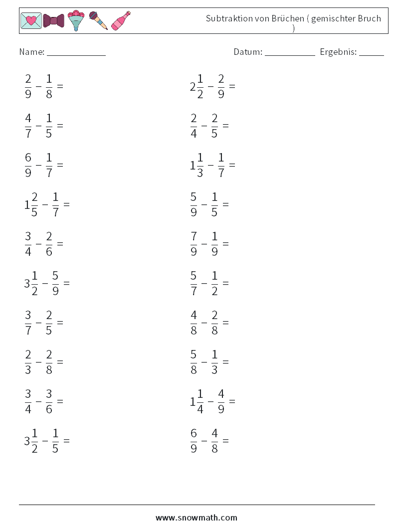 (20) Subtraktion von Brüchen ( gemischter Bruch ) Mathe-Arbeitsblätter 7