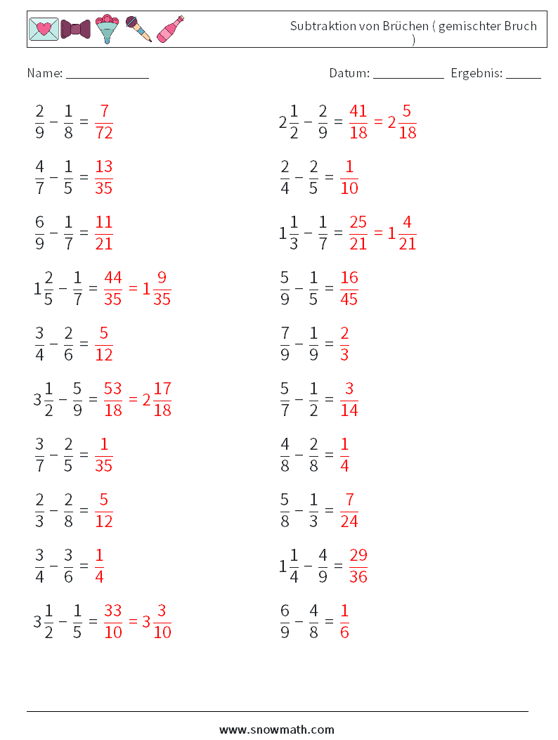 (20) Subtraktion von Brüchen ( gemischter Bruch ) Mathe-Arbeitsblätter 7 Frage, Antwort