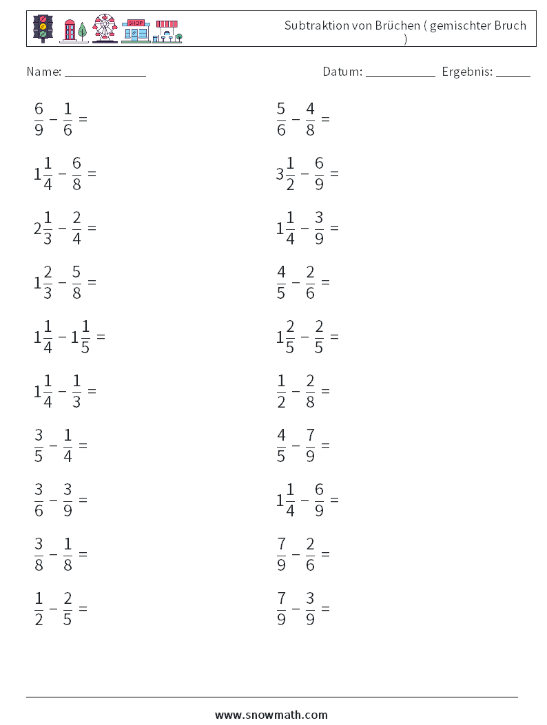 (20) Subtraktion von Brüchen ( gemischter Bruch ) Mathe-Arbeitsblätter 8