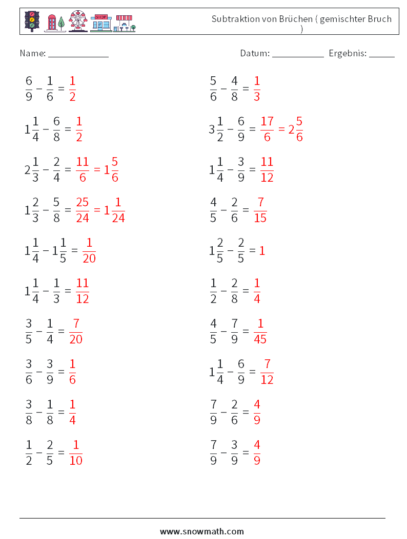 (20) Subtraktion von Brüchen ( gemischter Bruch ) Mathe-Arbeitsblätter 8 Frage, Antwort