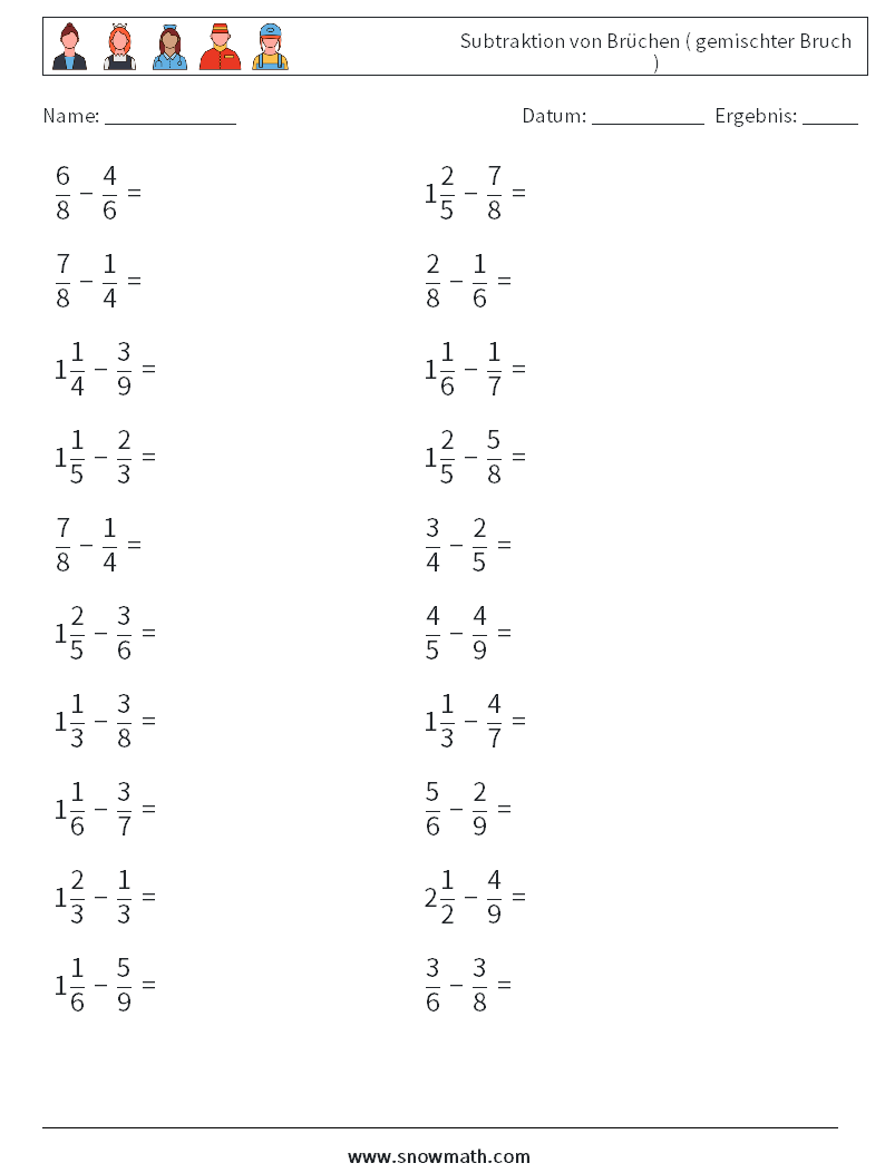 (20) Subtraktion von Brüchen ( gemischter Bruch ) Mathe-Arbeitsblätter 9