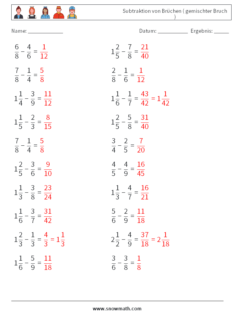 (20) Subtraktion von Brüchen ( gemischter Bruch ) Mathe-Arbeitsblätter 9 Frage, Antwort