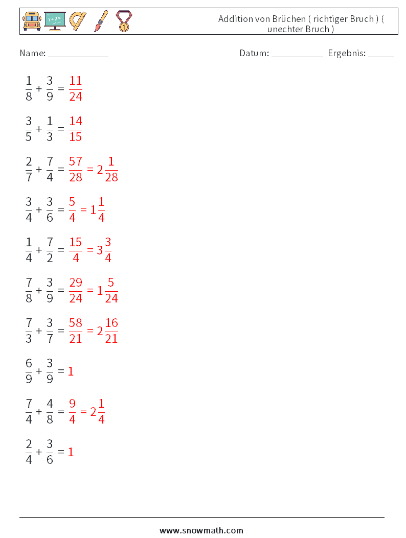 (10) Addition von Brüchen ( richtiger Bruch ) ( unechter Bruch ) Mathe-Arbeitsblätter 10 Frage, Antwort