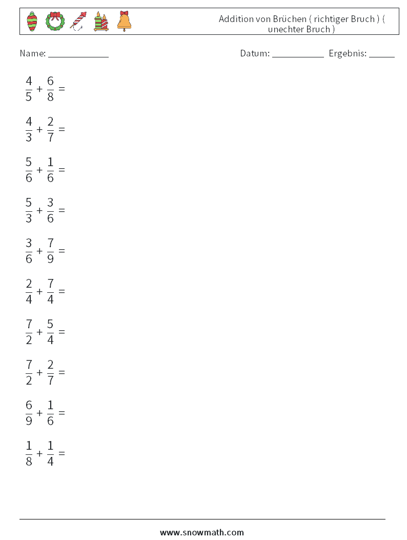 (10) Addition von Brüchen ( richtiger Bruch ) ( unechter Bruch ) Mathe-Arbeitsblätter 13