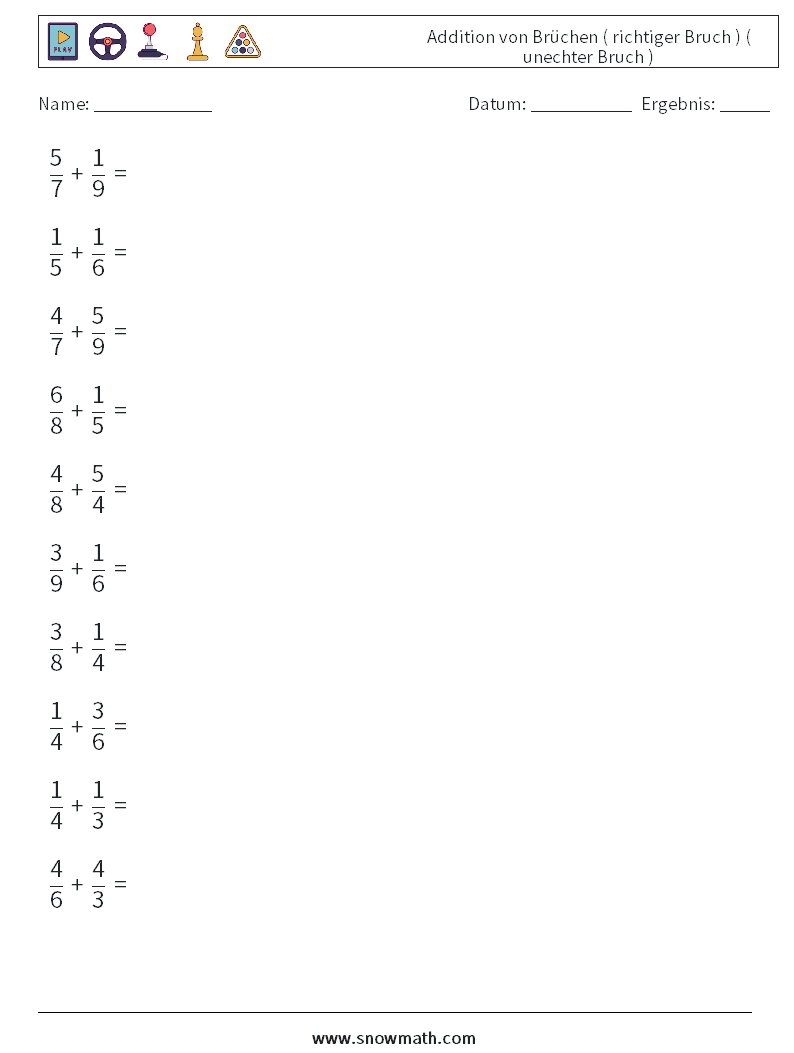 (10) Addition von Brüchen ( richtiger Bruch ) ( unechter Bruch ) Mathe-Arbeitsblätter 14