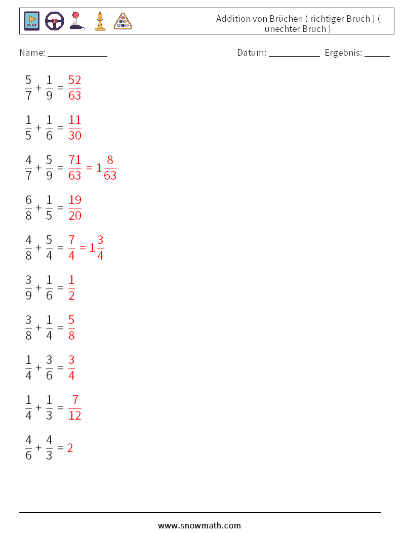 (10) Addition von Brüchen ( richtiger Bruch ) ( unechter Bruch ) Mathe-Arbeitsblätter 14 Frage, Antwort