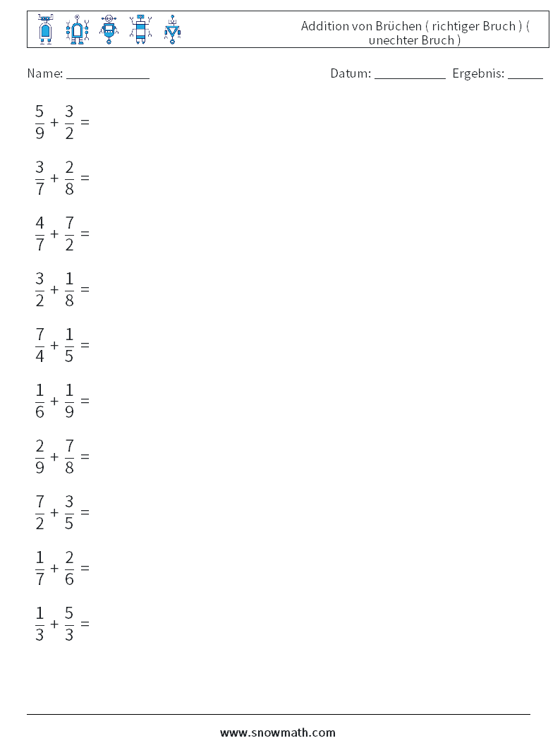 (10) Addition von Brüchen ( richtiger Bruch ) ( unechter Bruch ) Mathe-Arbeitsblätter 15