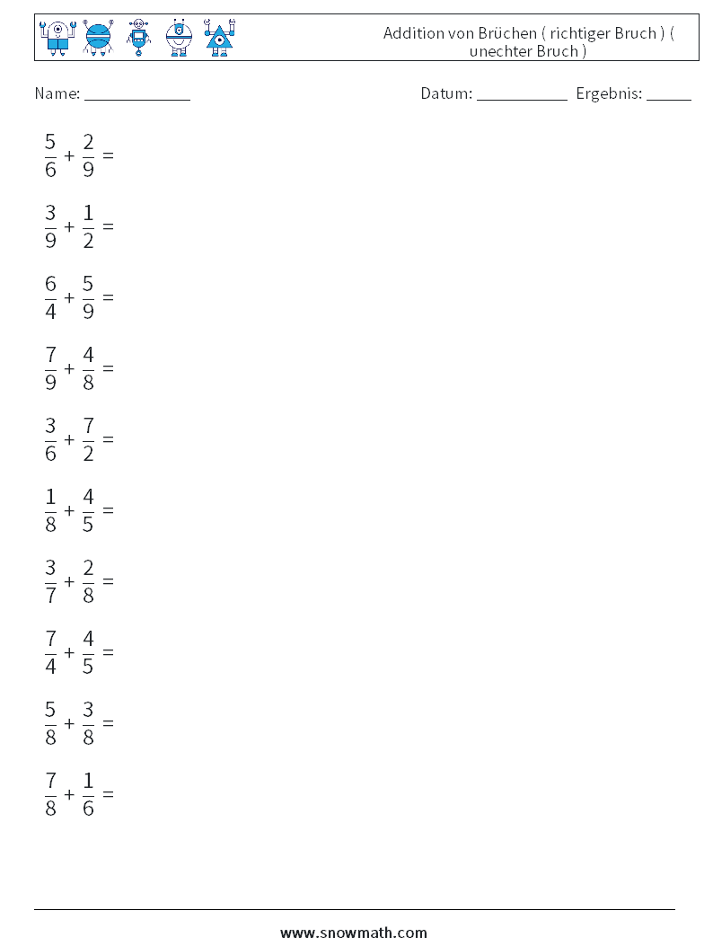 (10) Addition von Brüchen ( richtiger Bruch ) ( unechter Bruch ) Mathe-Arbeitsblätter 16