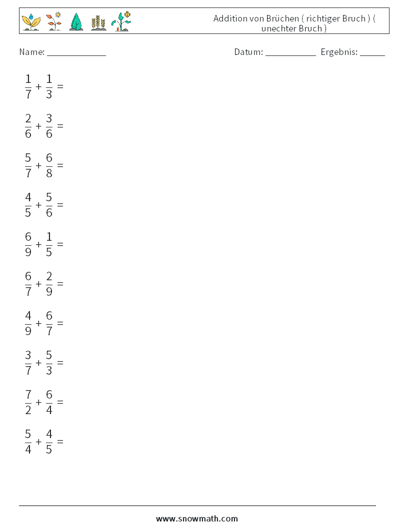 (10) Addition von Brüchen ( richtiger Bruch ) ( unechter Bruch ) Mathe-Arbeitsblätter 17