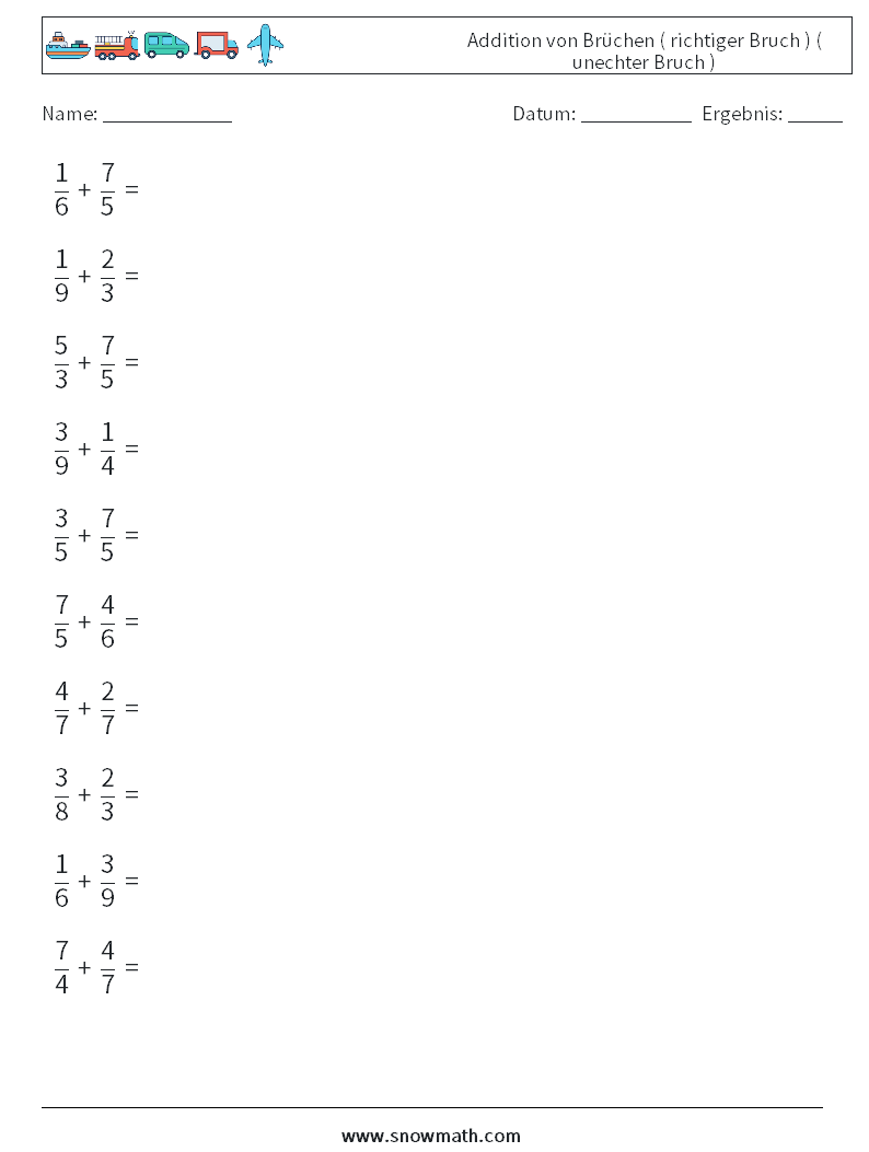 (10) Addition von Brüchen ( richtiger Bruch ) ( unechter Bruch ) Mathe-Arbeitsblätter 18