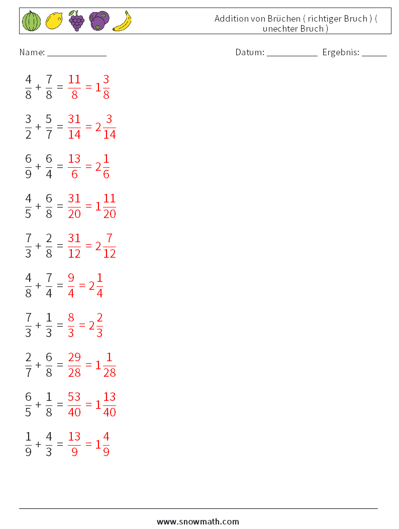 (10) Addition von Brüchen ( richtiger Bruch ) ( unechter Bruch ) Mathe-Arbeitsblätter 1 Frage, Antwort